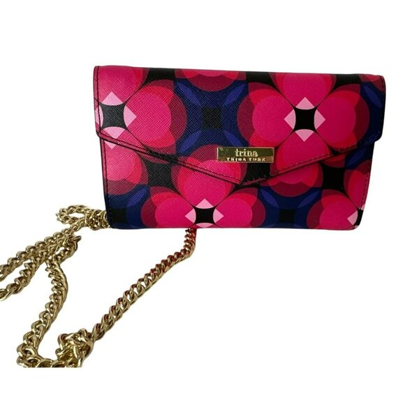 Trina Turk Tri-Fold BRT.  PINK Crossbody Purse Gold Chain Multicolor Floral - Picture 1 of 7